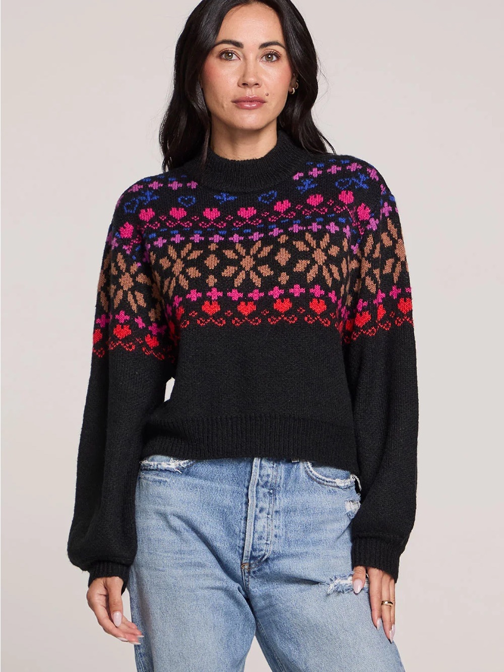 saltwater LUXE Black Crewneck Sweater with Pink, Purple & Brown Fair Isle Yoke